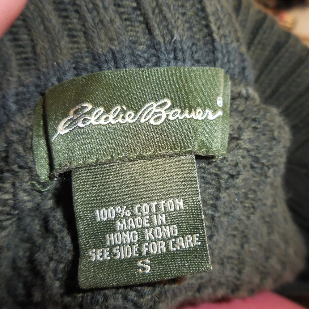 Vintage Eddie Bauer Mens Small Green Cotton Ribbed Knit Henley Mock Neck Sweater